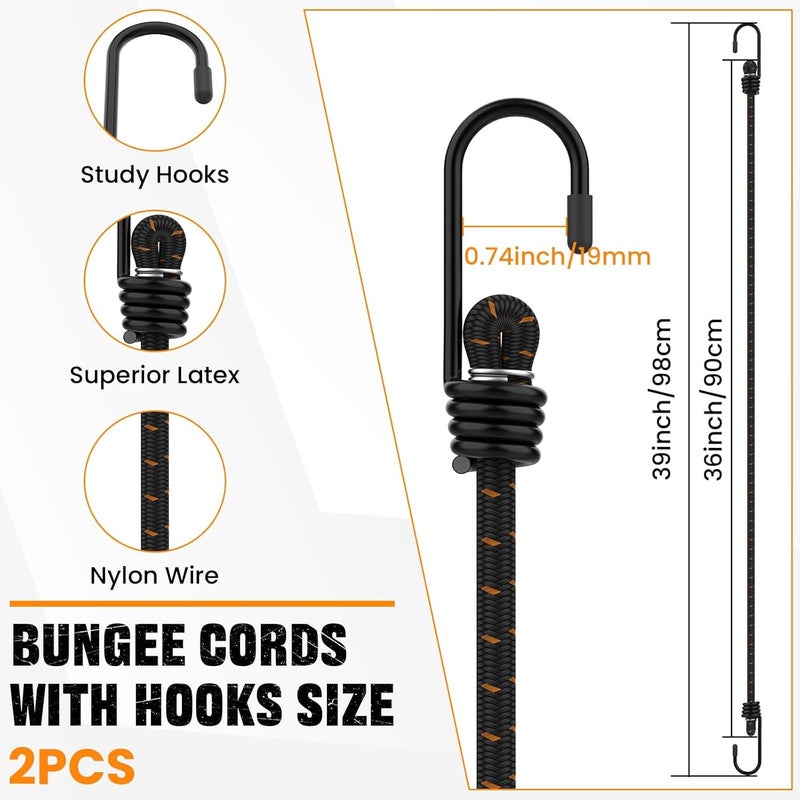 MARRTEUM Bungee Cords with Hooks 36 Inch Long Superior Latex Heavy Duty Elastic Straps [2PCS, Metal Hook] - Image 2
